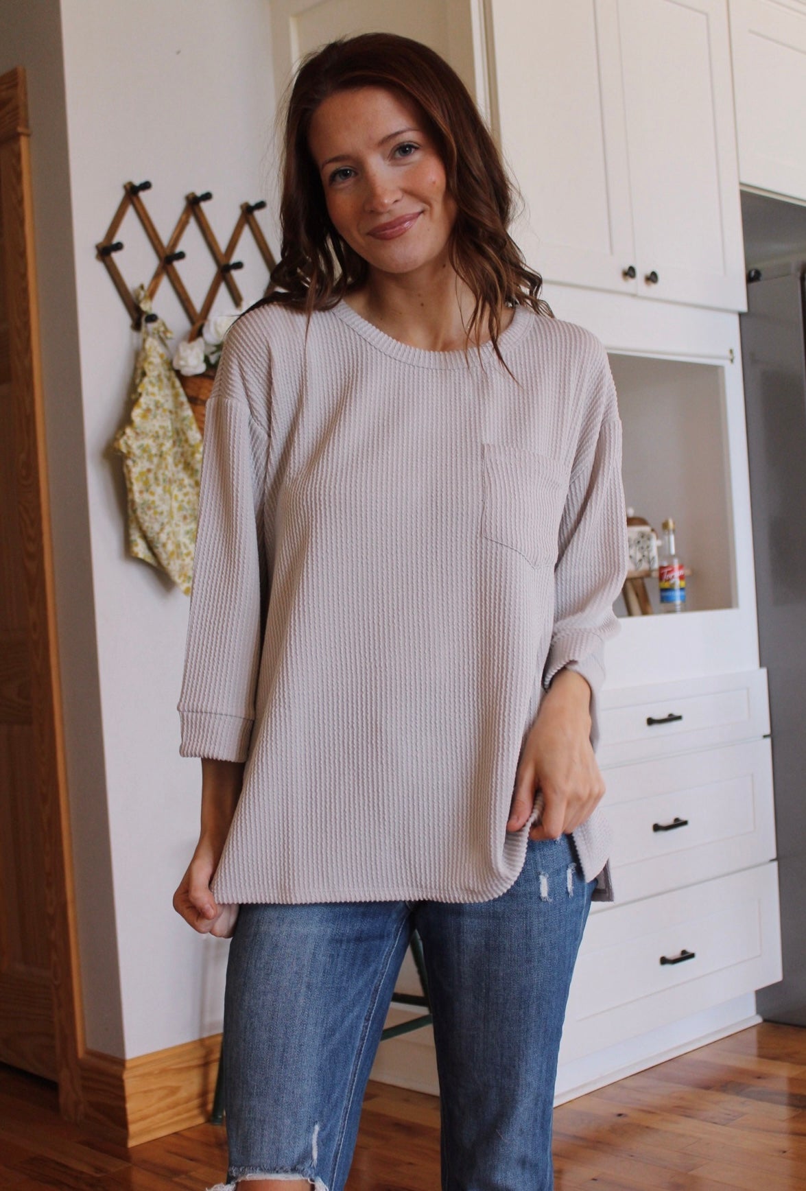 Ribbed 3/4 Sleeve Top- Pearl