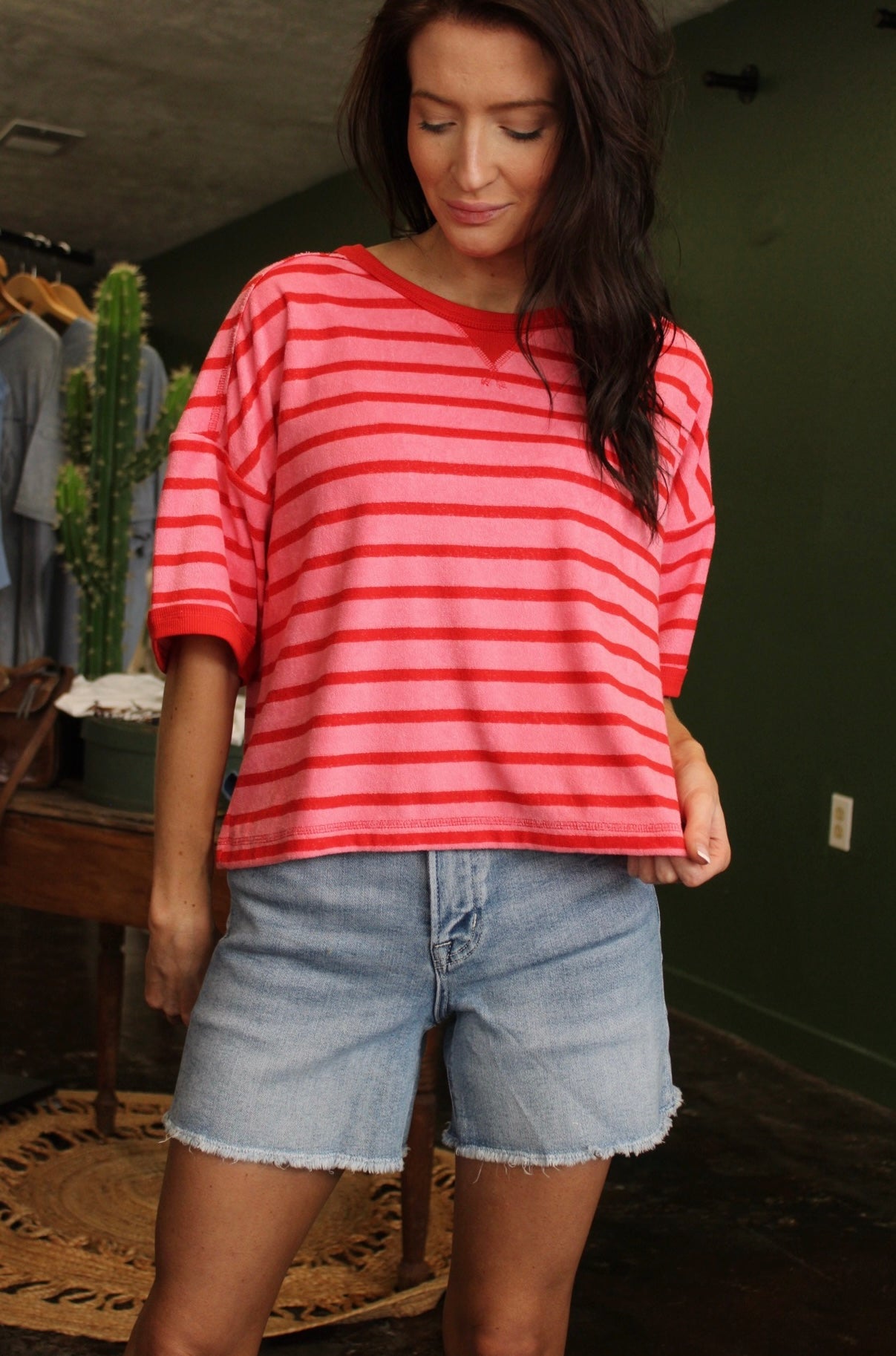 Knit Striped Top- Red/Pink