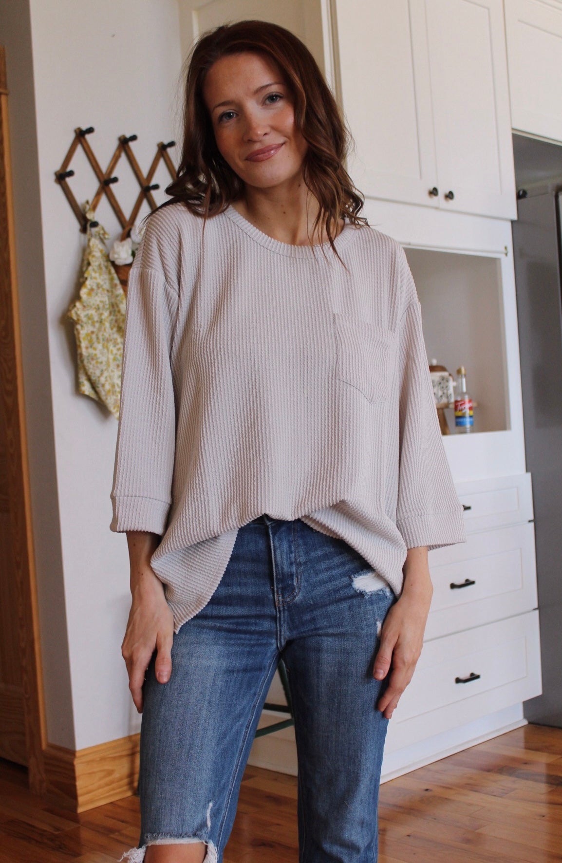 Ribbed 3/4 Sleeve Top- Pearl